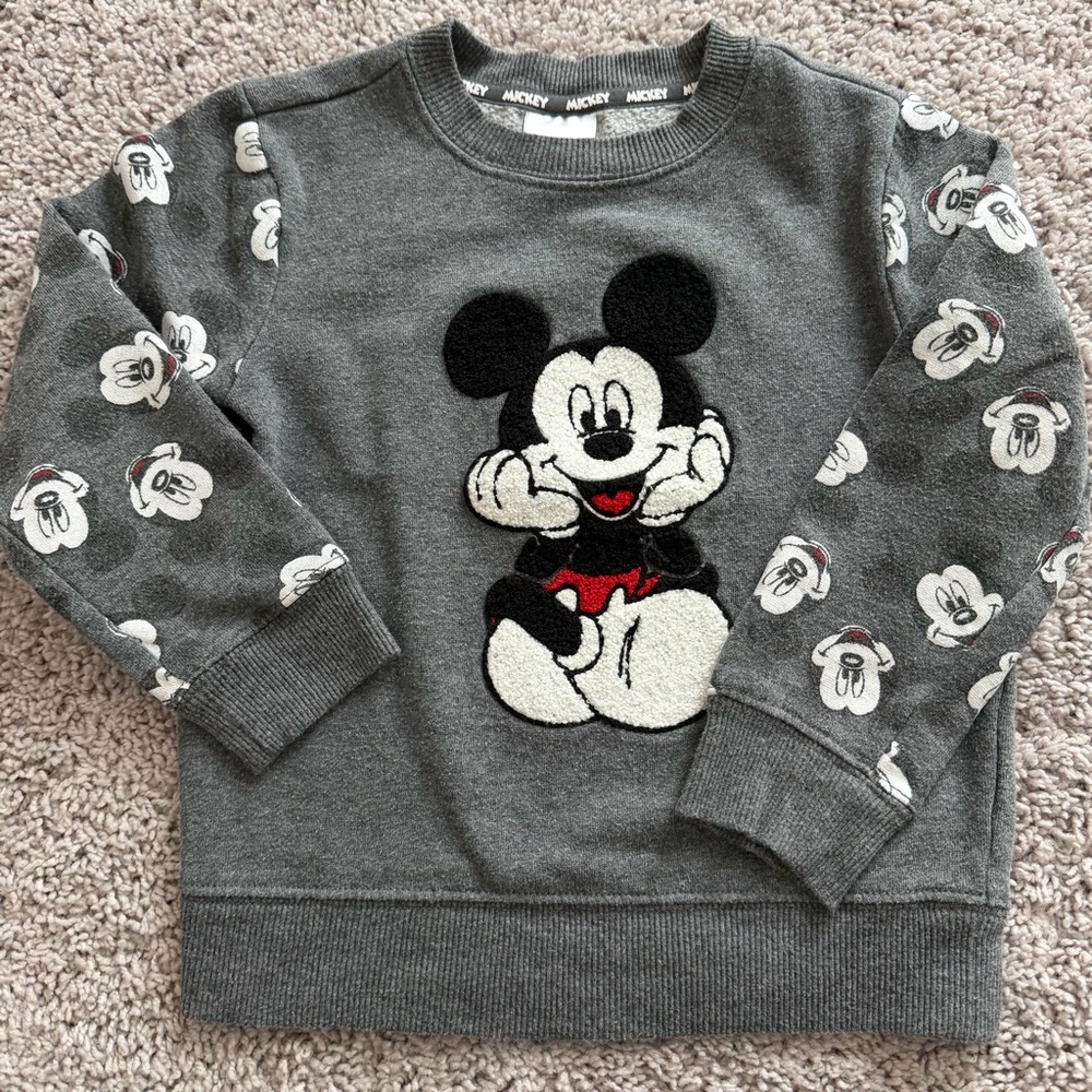 Disney Gray Mickey Mouse Pullover Sweatshirt with All-Over Sleeve Faces